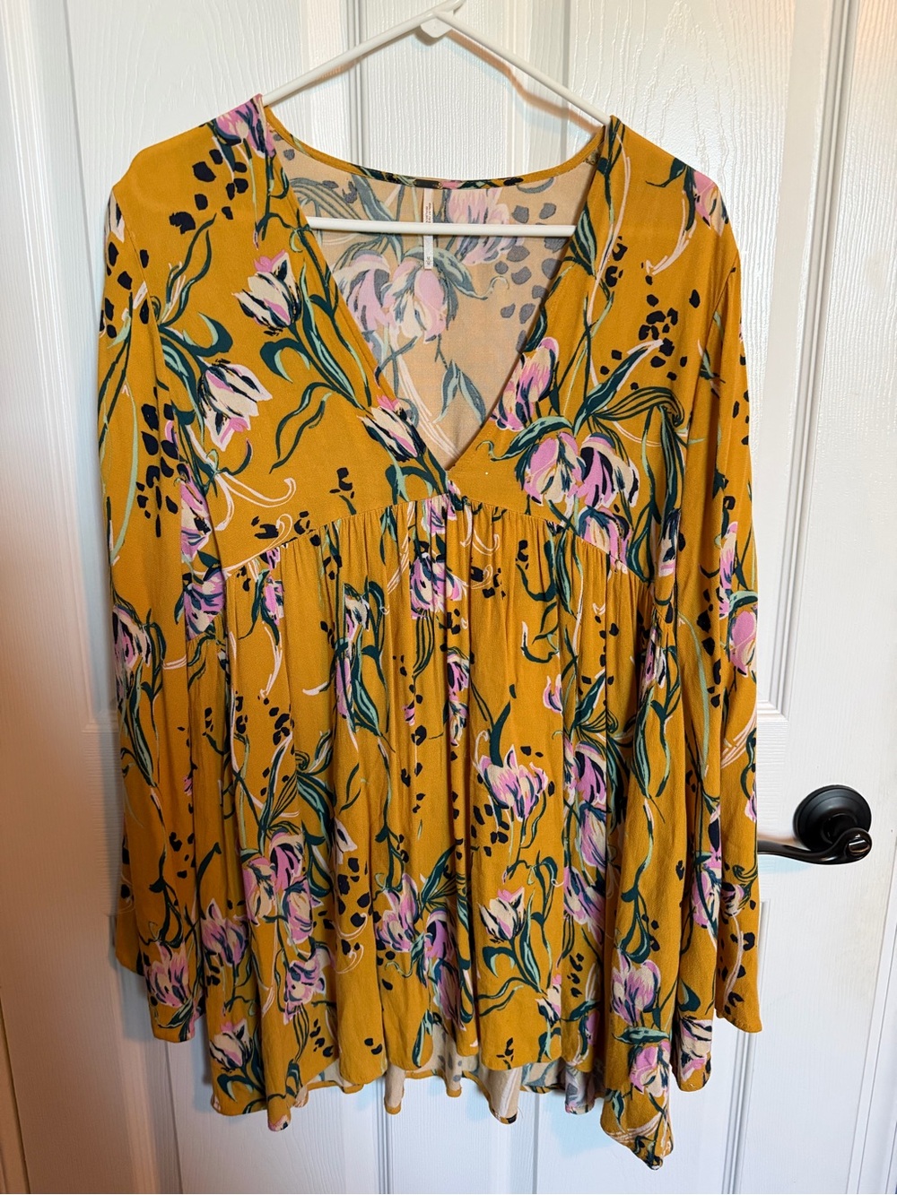 FREE PEOPLE Bella Floral-print Tunic Mini Dress Yellow gold Sz M - Picture 2 of 4
